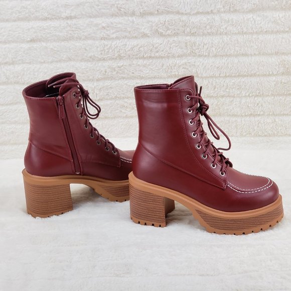 Light Weight Cherry Wine Wood Look Chunky Platform Combat Boots - Picture 8 of 10